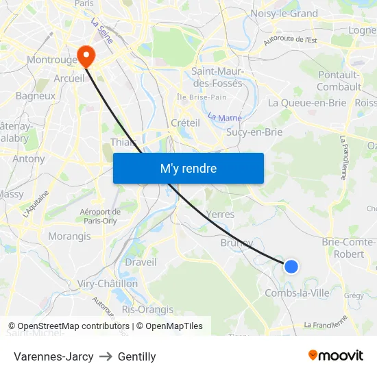 Varennes-Jarcy to Gentilly map