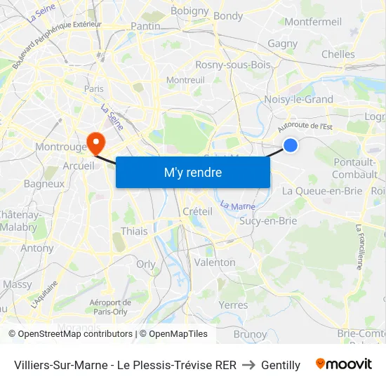 Villiers-Sur-Marne - Le Plessis-Trévise RER to Gentilly map