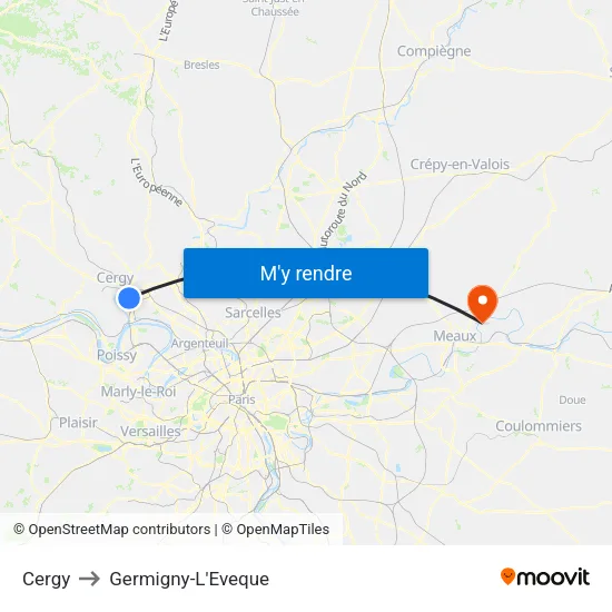 Cergy to Germigny-L'Eveque map