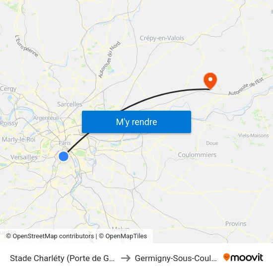 Stade Charléty (Porte de Gentilly) to Germigny-Sous-Coulombs map