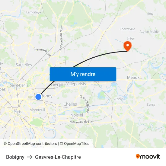 Bobigny to Gesvres-Le-Chapitre map