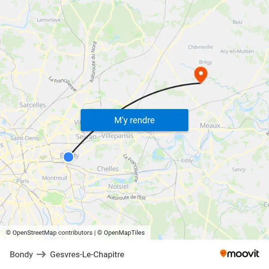 Bondy to Gesvres-Le-Chapitre map