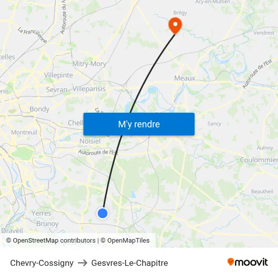Chevry-Cossigny to Gesvres-Le-Chapitre map