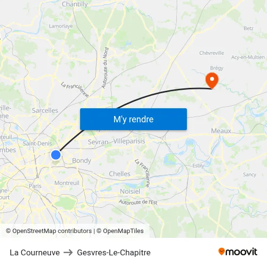 La Courneuve to Gesvres-Le-Chapitre map