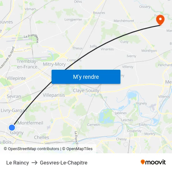Le Raincy to Gesvres-Le-Chapitre map