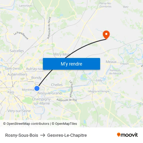 Rosny-Sous-Bois to Gesvres-Le-Chapitre map