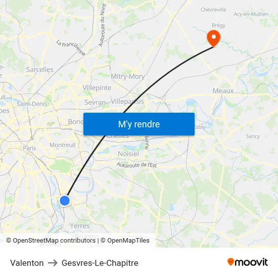 Valenton to Gesvres-Le-Chapitre map