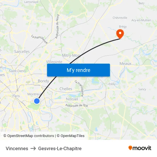 Vincennes to Gesvres-Le-Chapitre map