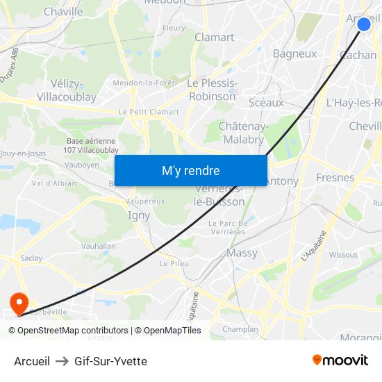 Arcueil to Gif-Sur-Yvette map