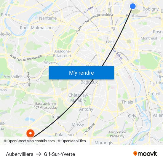 Aubervilliers to Gif-Sur-Yvette map