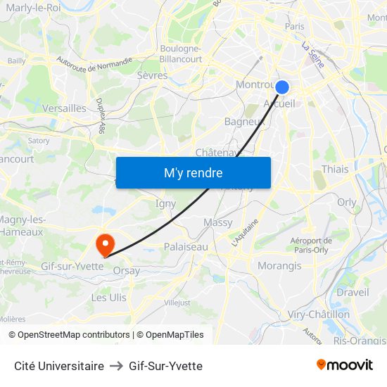 Cité Universitaire to Gif-Sur-Yvette map