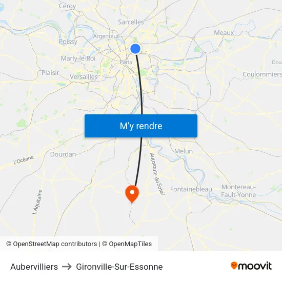 Aubervilliers to Gironville-Sur-Essonne map