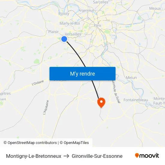 Montigny-Le-Bretonneux to Gironville-Sur-Essonne map