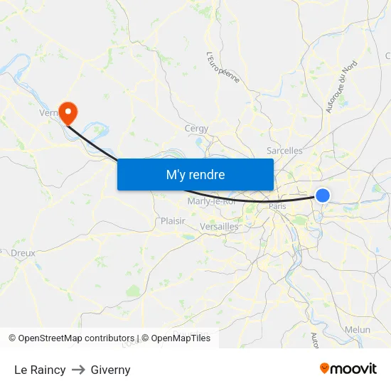 Le Raincy to Giverny map