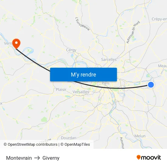 Montevrain to Giverny map