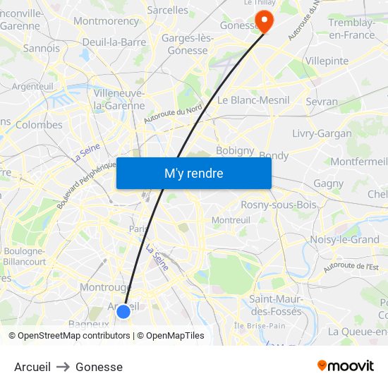 Arcueil to Gonesse map