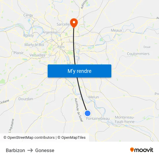 Barbizon to Gonesse map
