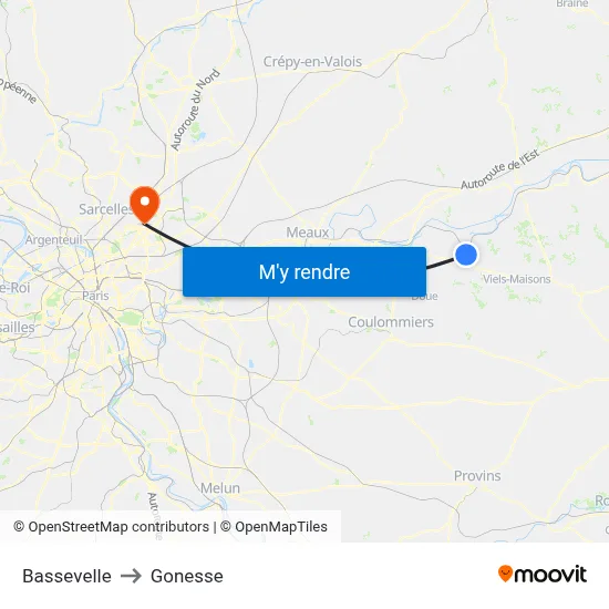 Bassevelle to Gonesse map