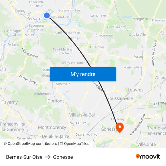 Bernes-Sur-Oise to Gonesse map