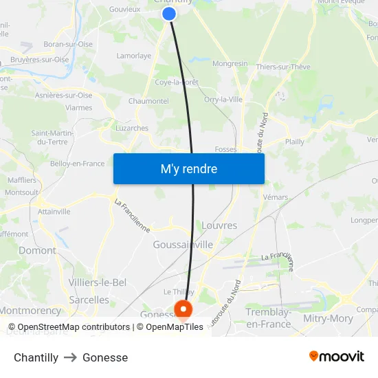Chantilly to Gonesse map