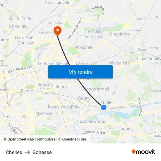 Chelles to Gonesse map