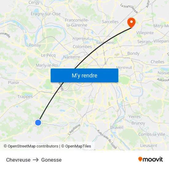 Chevreuse to Gonesse map