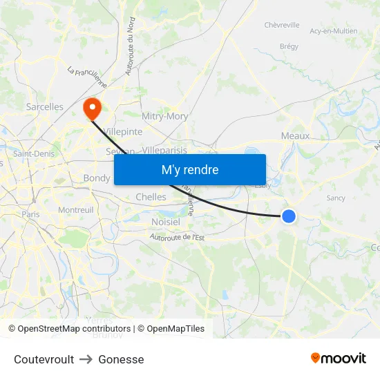 Coutevroult to Gonesse map