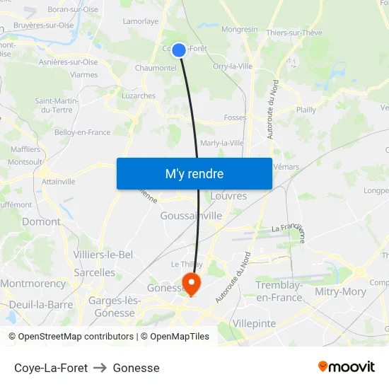Coye-La-Foret to Gonesse map
