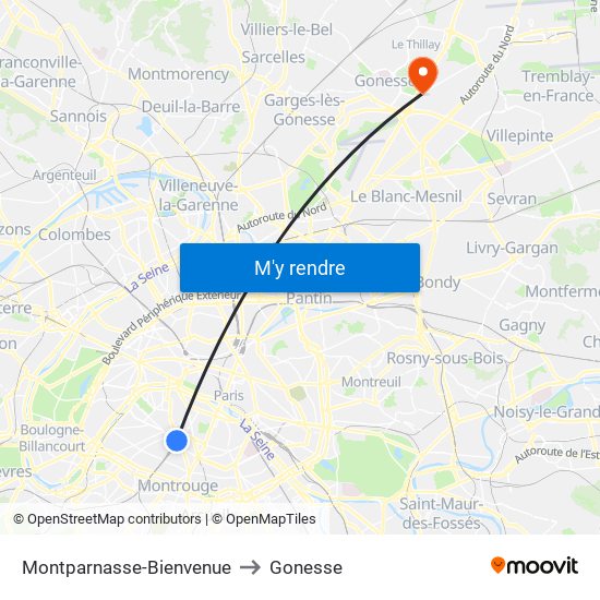 Montparnasse-Bienvenue to Gonesse map