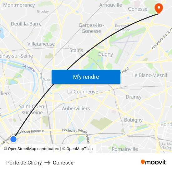 Porte de Clichy to Gonesse map