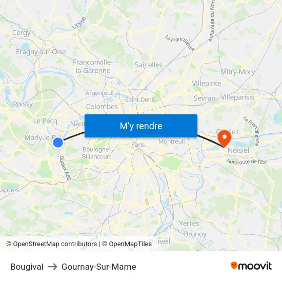Bougival to Gournay-Sur-Marne map