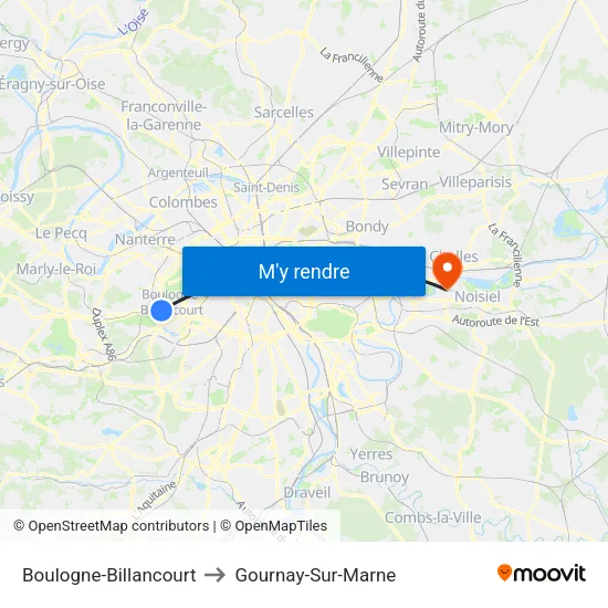 Boulogne-Billancourt to Gournay-Sur-Marne map