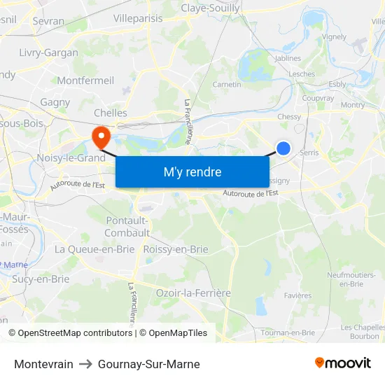 Montevrain to Gournay-Sur-Marne map