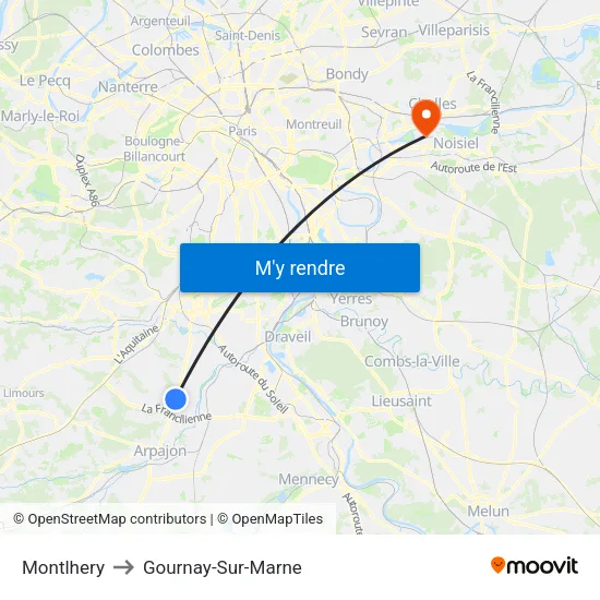 Montlhery to Gournay-Sur-Marne map