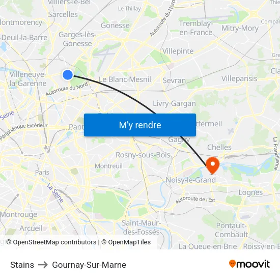 Stains to Gournay-Sur-Marne map