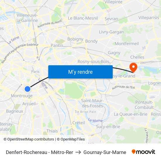 Denfert-Rochereau - Métro-Rer to Gournay-Sur-Marne map
