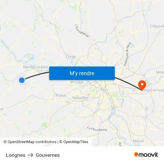 Longnes to Gouvernes map
