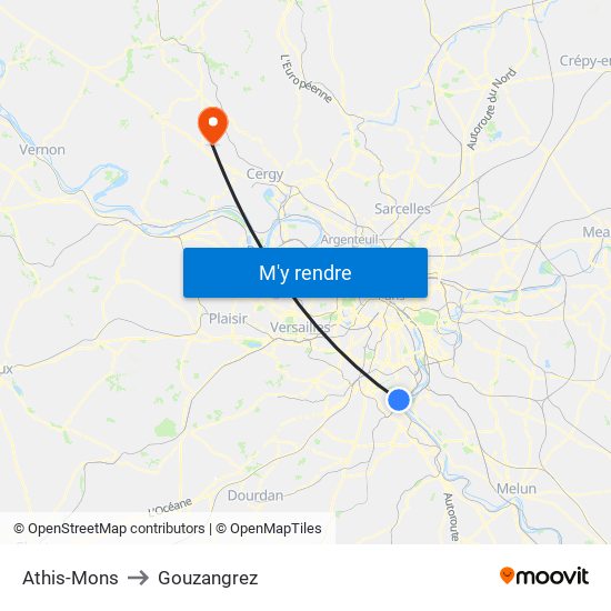 Athis-Mons to Gouzangrez map