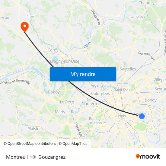 Montreuil to Gouzangrez map