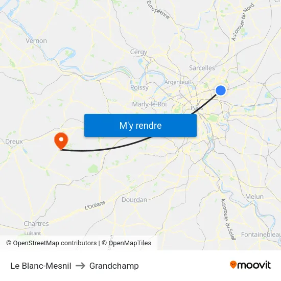 Le Blanc-Mesnil to Grandchamp map