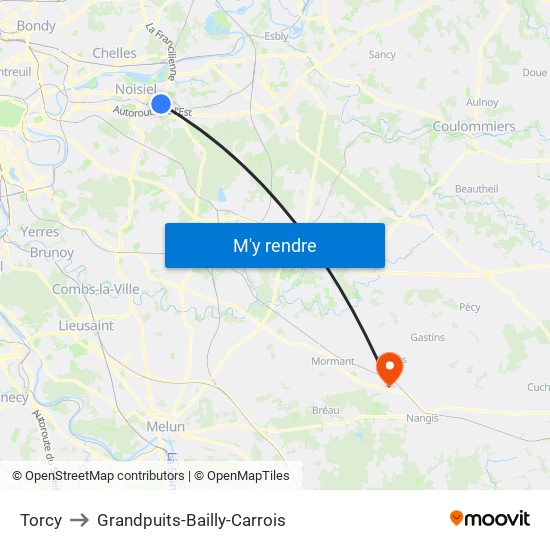 Torcy to Grandpuits-Bailly-Carrois map