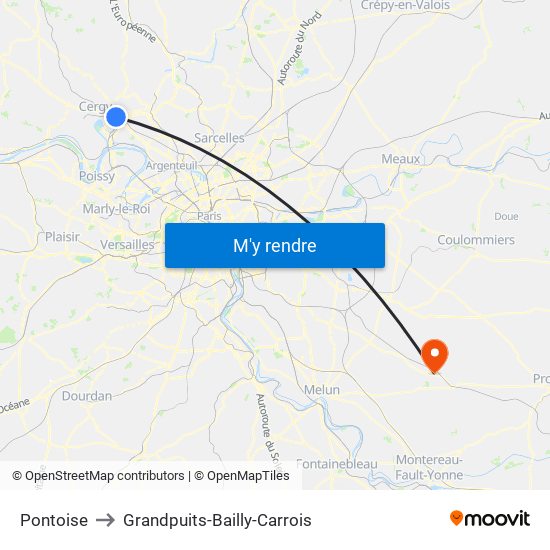 Pontoise to Grandpuits-Bailly-Carrois map