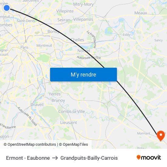 Ermont - Eaubonne to Grandpuits-Bailly-Carrois map