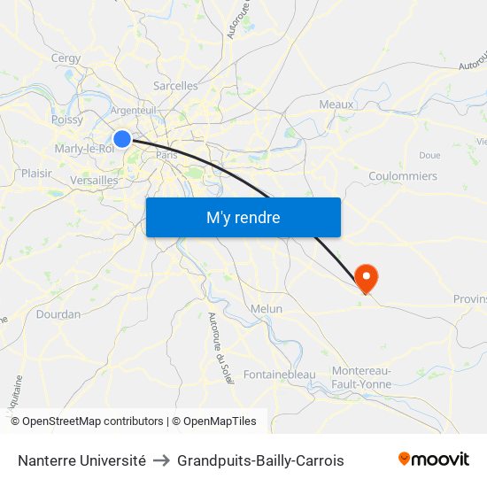 Nanterre Université to Grandpuits-Bailly-Carrois map