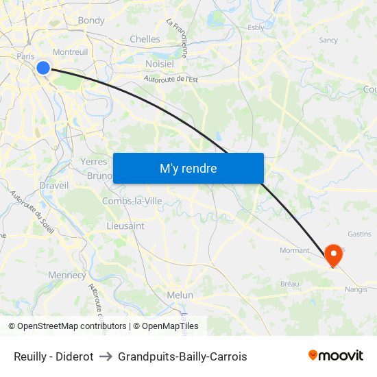 Reuilly - Diderot to Grandpuits-Bailly-Carrois map