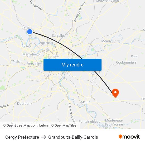 Cergy Préfecture to Grandpuits-Bailly-Carrois map