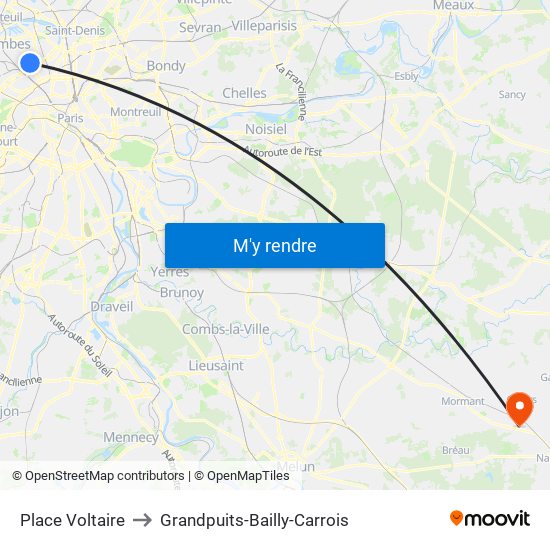 Place Voltaire to Grandpuits-Bailly-Carrois map