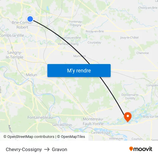 Chevry-Cossigny to Gravon map