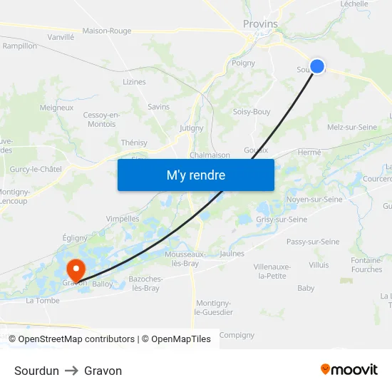Sourdun to Gravon map