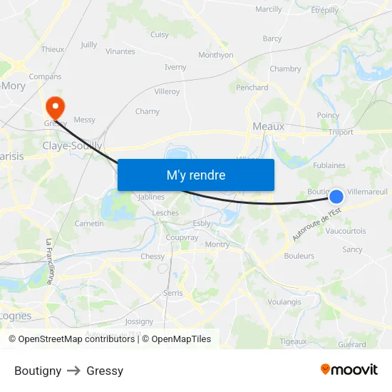 Boutigny to Gressy map